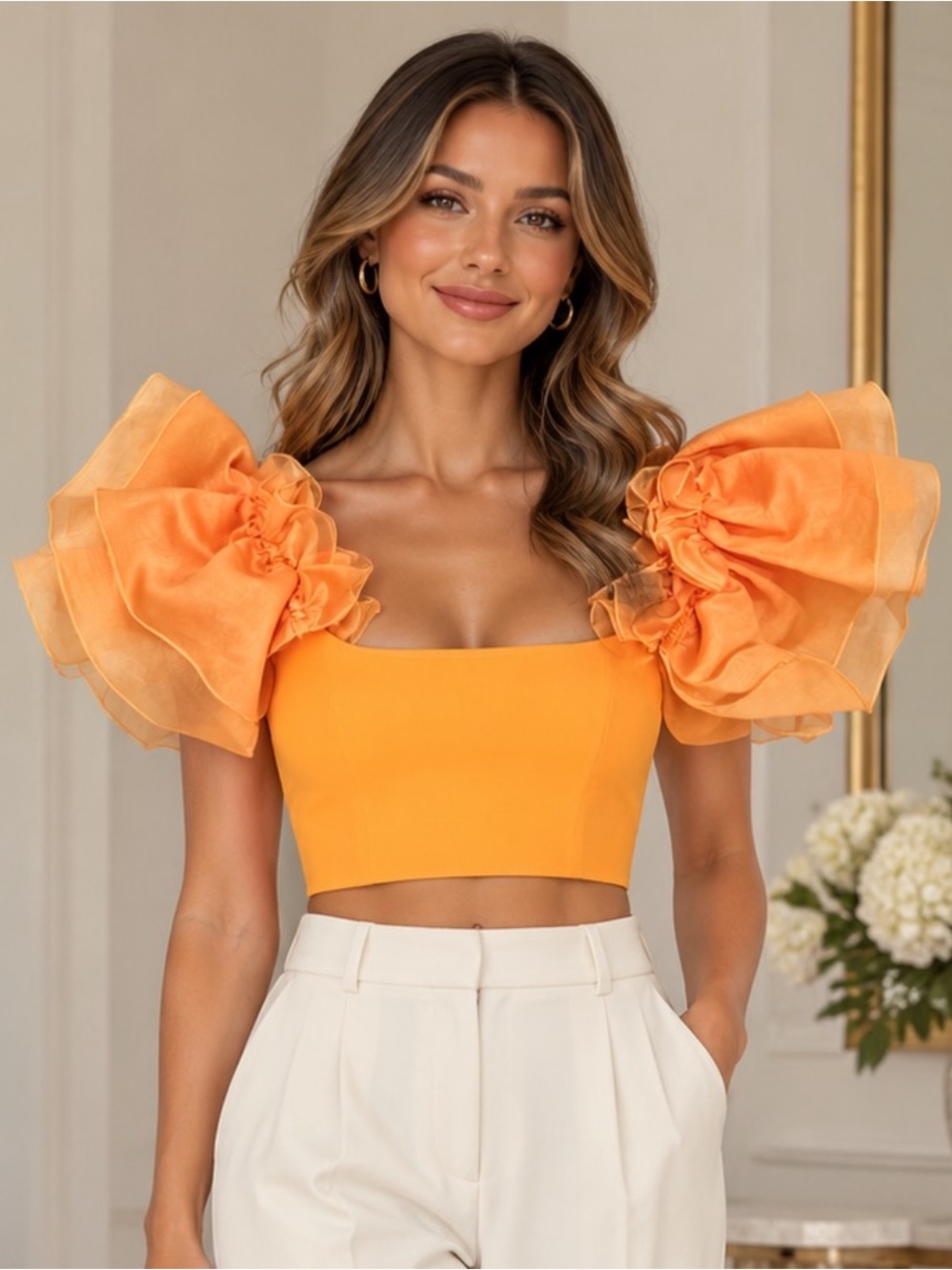 Zara Orange Puff-Sleeve Crop Top - Women's Stylish Summer Top